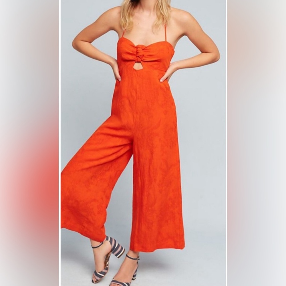Anthropologie Elevenses Orange Jacquard Halter Jumpsuit